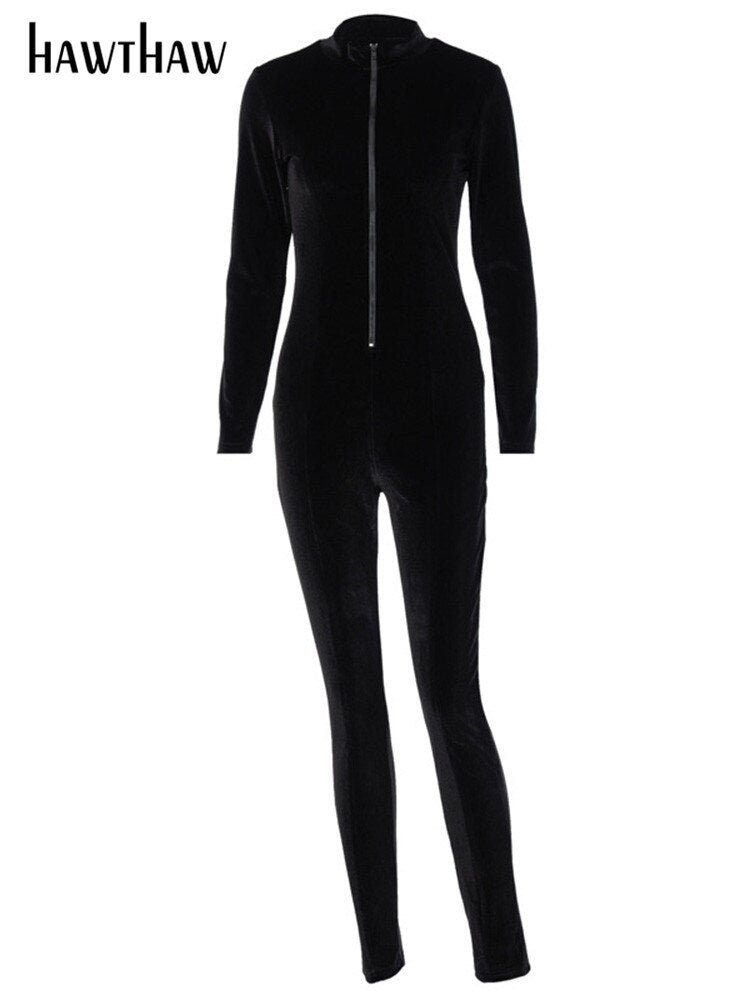 Hawthaw Autumn Winter Women Long Sleeve Velvet Zipper Fitness Bodycon Jumpsuit Overall 2021 Fall Clothes Streetwear Wholesale