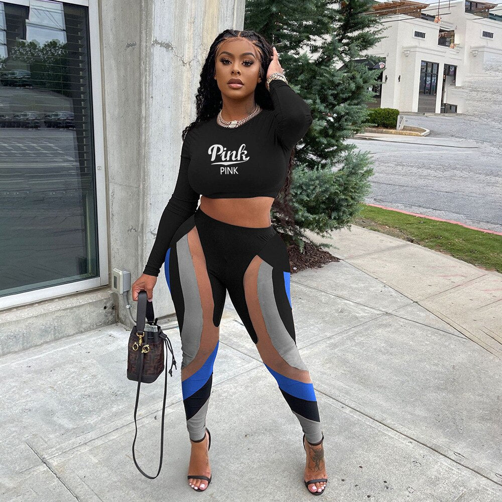 FAGADOER Street Casual Two Piece Set Women Sporty Pink Letter Print Crop Top Skinny Patchwork Leggings Matching Outfit Tracksuit