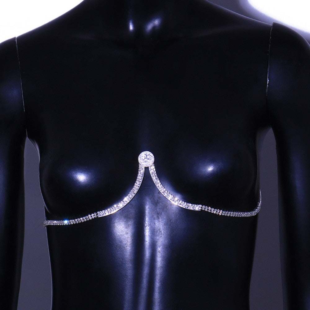 Stonefans Irregula Camber Rhinestone Bra Chest Bracket Chain Breast Support Crystal Lingerie Chain Women Dress Rave Body Jewelry