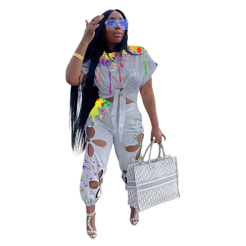Women Two 2 Piece Set Splash Ink Tie Hem T-shirt and Hole in Lace Pants Streetwear Tracksuit 2022 Office Casual Suit
