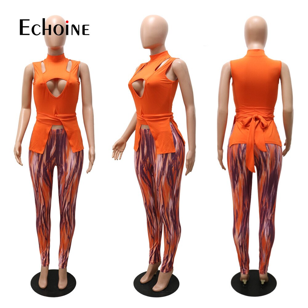 Echoine 2022 Spring/Summer Women's Hollow Sexy Sleeveless Strappy Irregular Top and Printed Trousers Slim Casual Two-piece Set