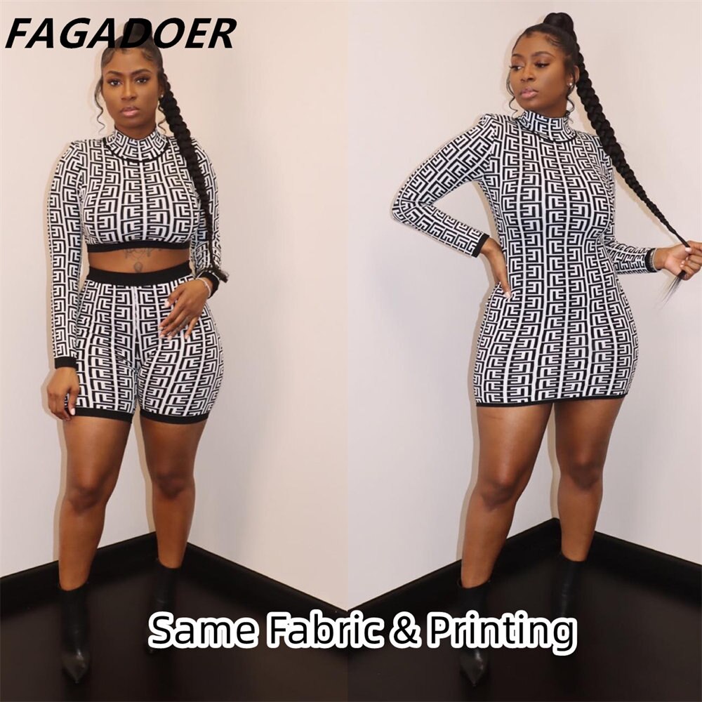 FAGADOER Women Two Piece Set Geometic Print Black Bodycon Shorts Sets Long Sleeve Crop Top Pants Sets Street Fashion Outfits