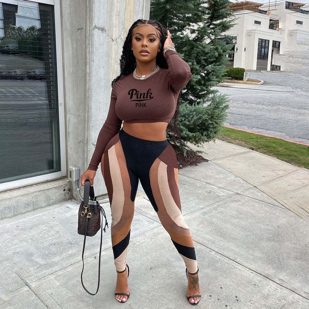 FAGADOER Street Casual Two Piece Set Women Sporty Pink Letter Print Crop Top Skinny Patchwork Leggings Matching Outfit Tracksuit