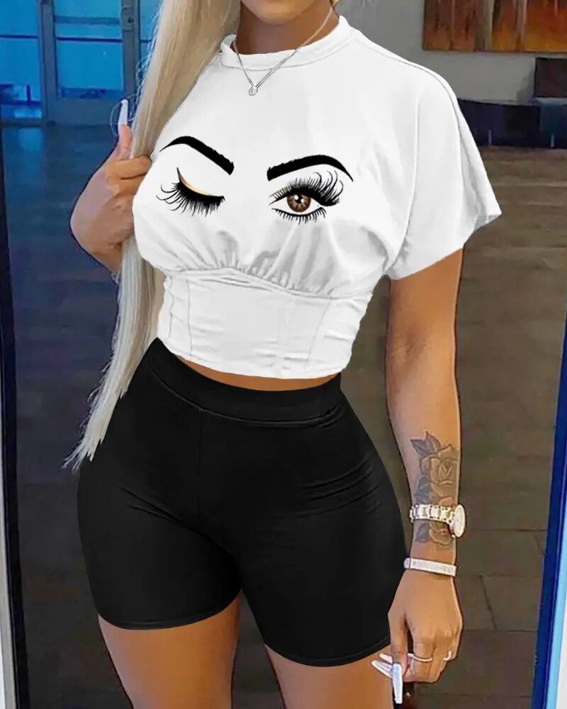Summer Street Two Piece Set Women Streetwear Outfits Print Tshirt Biker Shorts sets Female Two Piece Suit Women Matching Sets