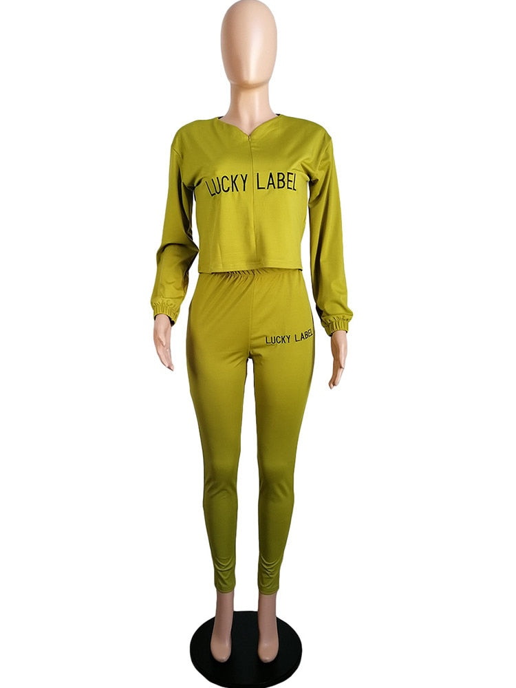 LUCKY LABEL Embroidery Long Sleeve Loose Crop Top and Skinny Pencil Legging Casual Sweatsuits 2 Piece Matching Set Co-ord Outfit