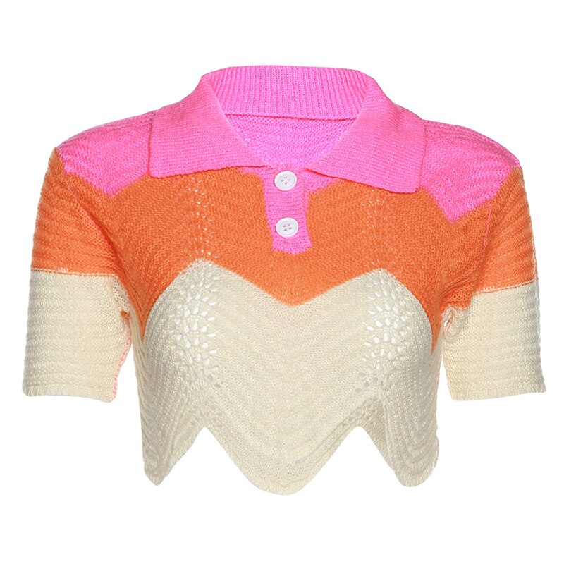 Echoine Pink Patchwork Polo Button Neck Knitted Tops Sweater Mini Skirt Two Piece Set Fashion party Clubwear Outfits Summer 2022
