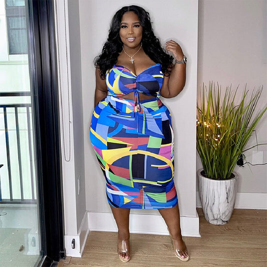 Sexy Plus Size Cut Out Colorful Sleeveless Color Bag Hip Dress Drawstring Design Fashion Women Clothing