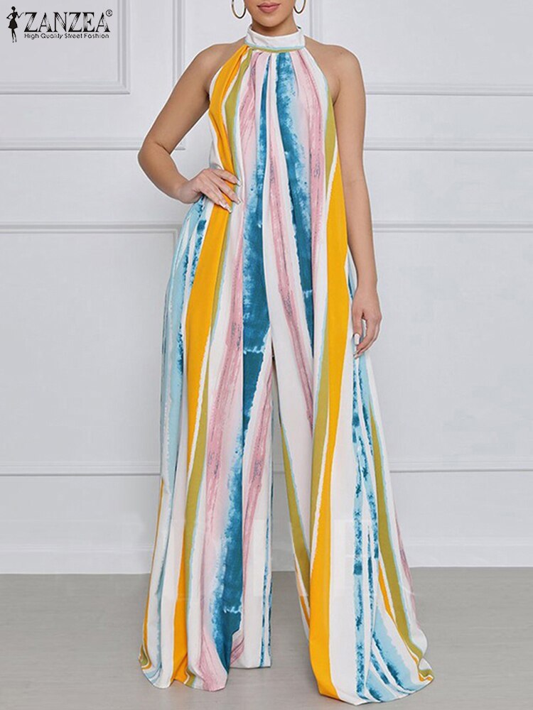 Summer Fashion Wide Leg Rompers Women Elegant Solid Long Jumpsuits ZANZEA Party Sexy Sleeveless Playsuit Office Overall Dungaree