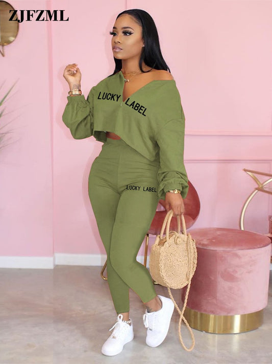 LUCKY LABEL Embroidery Long Sleeve Loose Crop Top and Skinny Pencil Legging Casual Sweatsuits 2 Piece Matching Set Co-ord Outfit