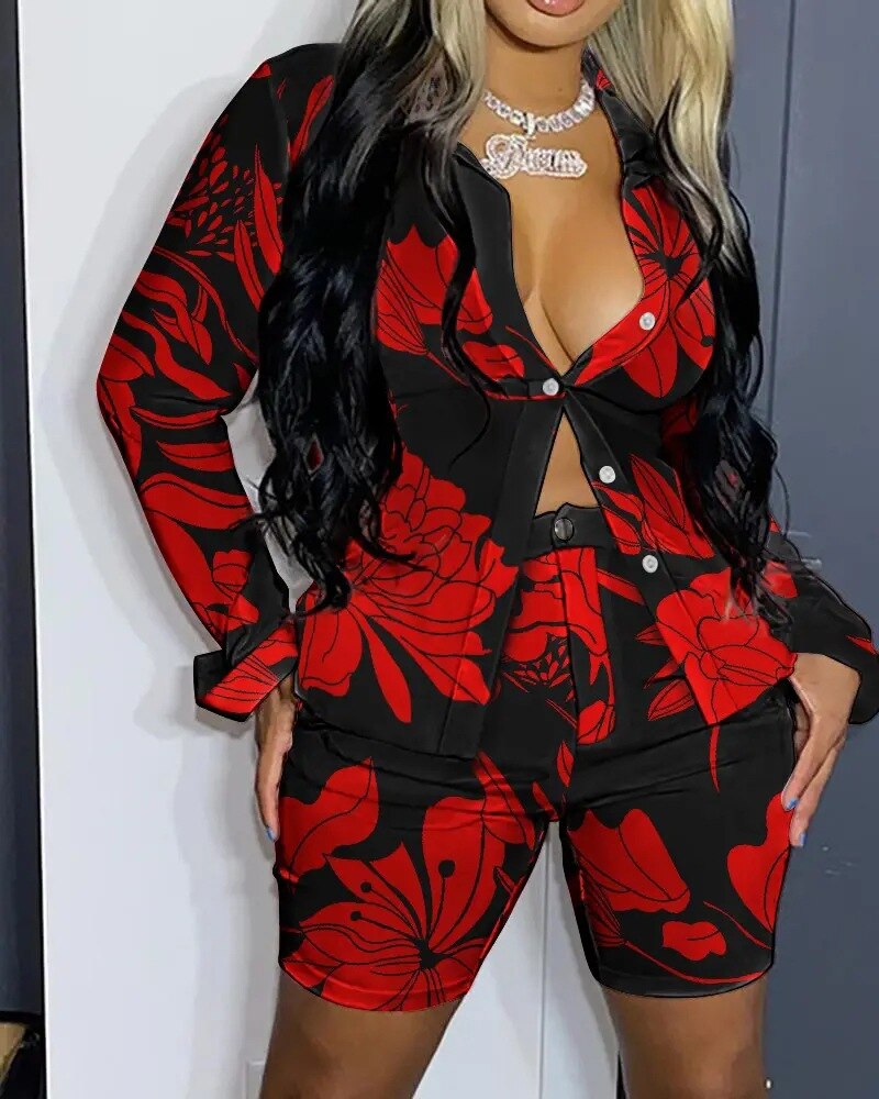 Women Chic Elegant All Over Print with Floral Turn Down Collar Button Straight Blazer Short Sets Summer Two Piece Set