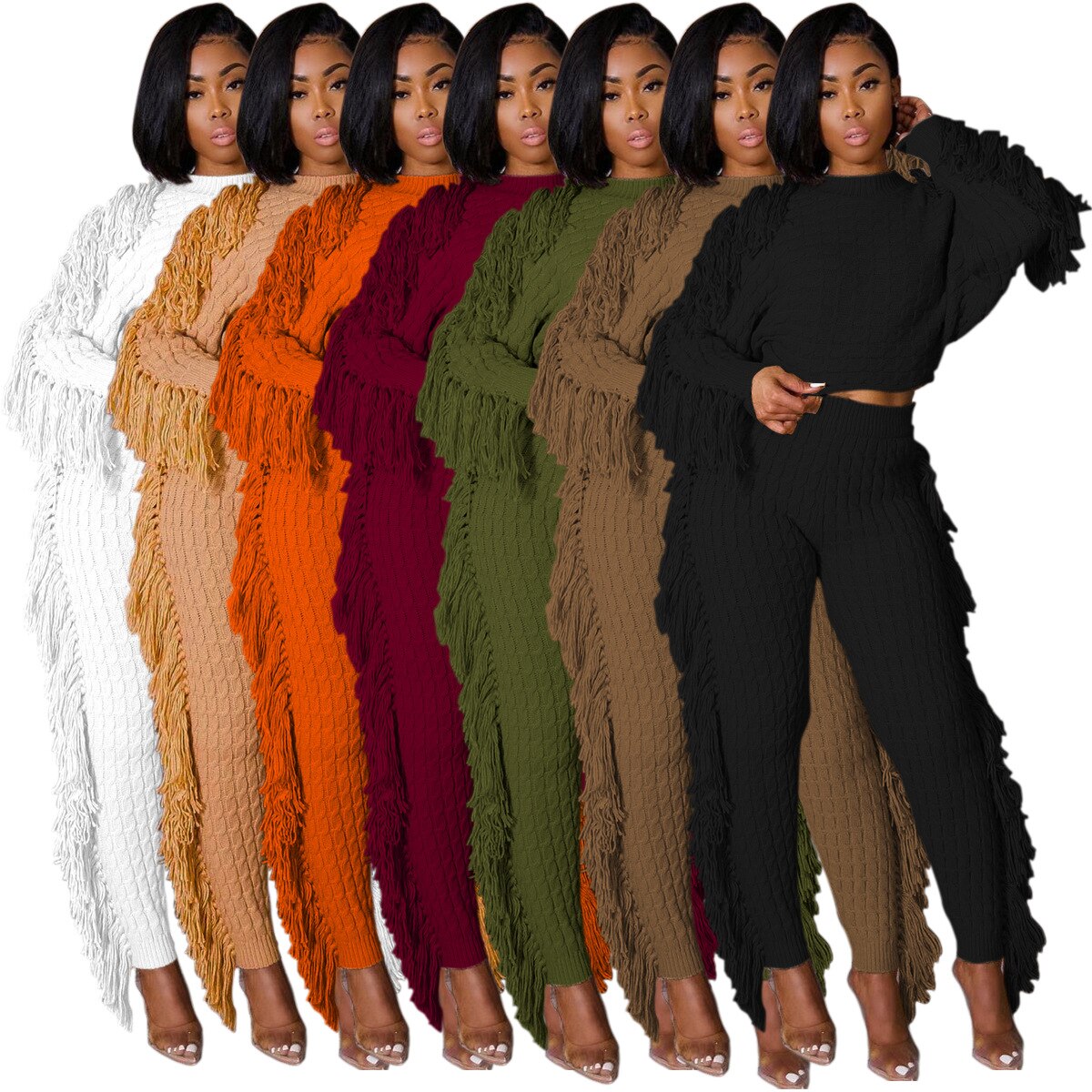 ANJAMANOR Tassel Knitted Sweater Sexy Two Piece Set Matching Pants Sets Fashion Winter Outfits for Women 2021 Wholesale D62-HZ95