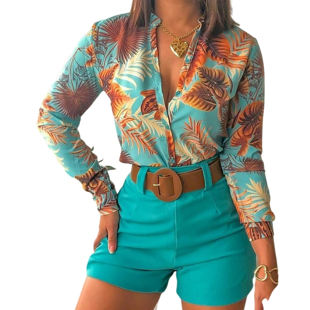2022 Women's Suit Summer Tracksuit Shorts Sets Two Piece Sets Women Outifits Long Sleeve Sexy Print Blouses Women No Belt