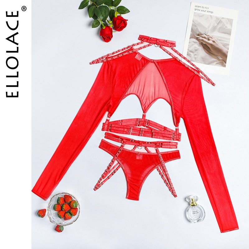 Ellolace Sexy Lingerie Sexual Costume Cut Out Porn Transparent Exotic t-Shirts Gothic Sensual Accessories 4-Piece Garter Belt