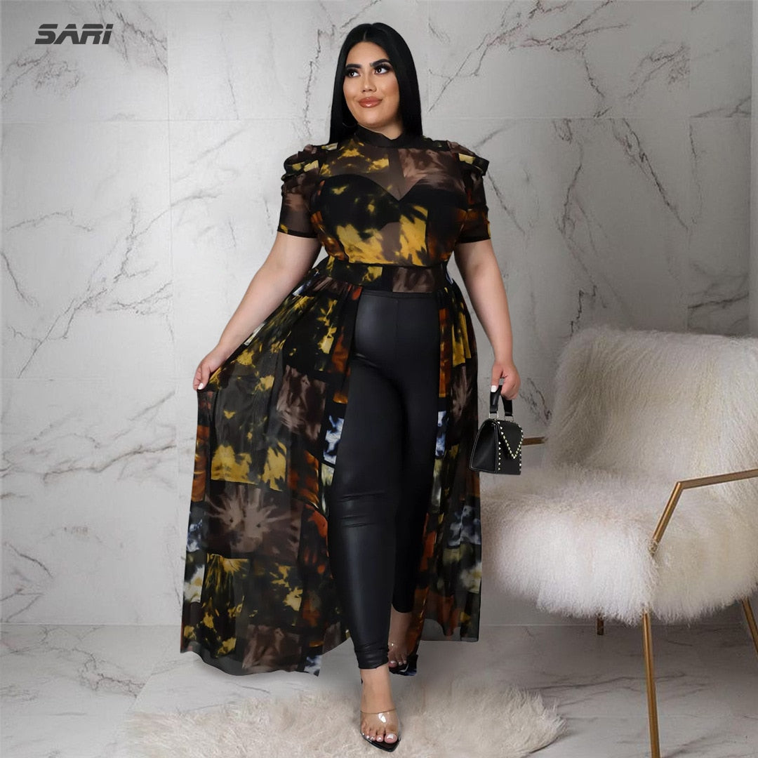 Plus Size Women Elegant Dress Printed Short Sleeve Shirt Summer Mesh Perspective Split Hollow Long Skirt Beach Vacation Clothing