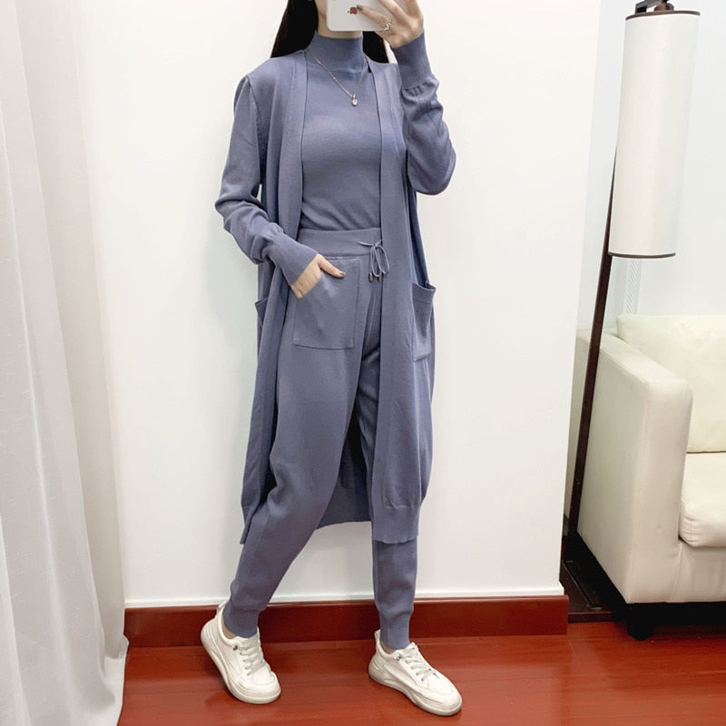 Women Sweater 3 Piece Set Tracksuit 2022 spring Autumn Long Cardigan Coat + Half Turtleneck Vest + Pants Knitted Suits Outfits