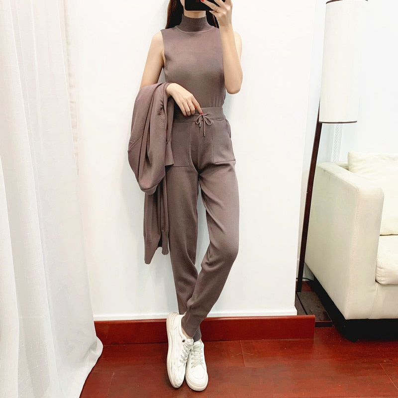 Women Sweater 3 Piece Set Tracksuit 2022 spring Autumn Long Cardigan Coat + Half Turtleneck Vest + Pants Knitted Suits Outfits
