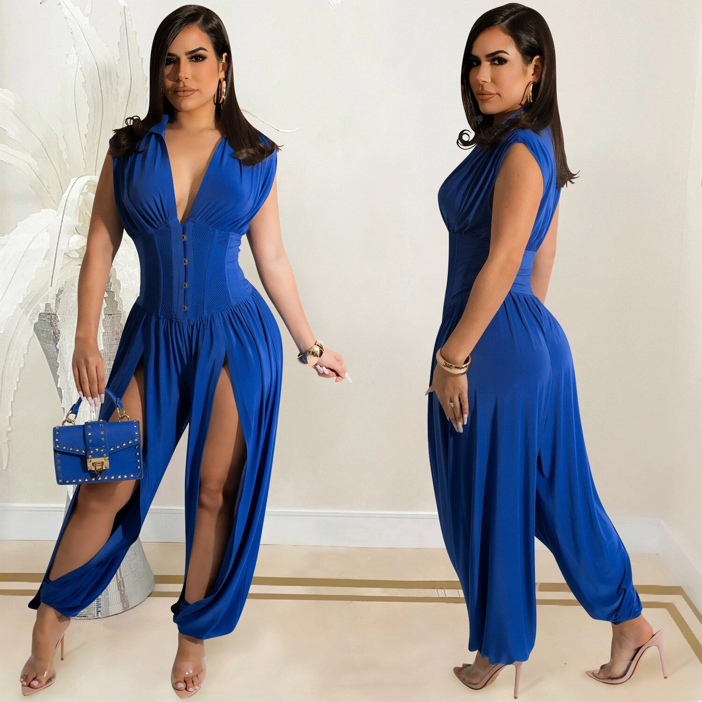 Echoine Woman Fashion Solid Sexy Deep V Neck Sleeveless Hollow Out Long Jumpsuit Casual Intellectual Club Party Romper Overalls