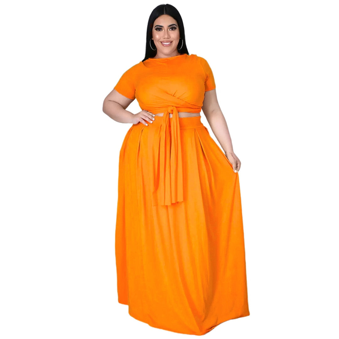 Sexy Streetwear Women's Set  Lace Up Knotted Crop Tops Maxi Skirts Matching Set Tracksuit Two Piece Set Outfits