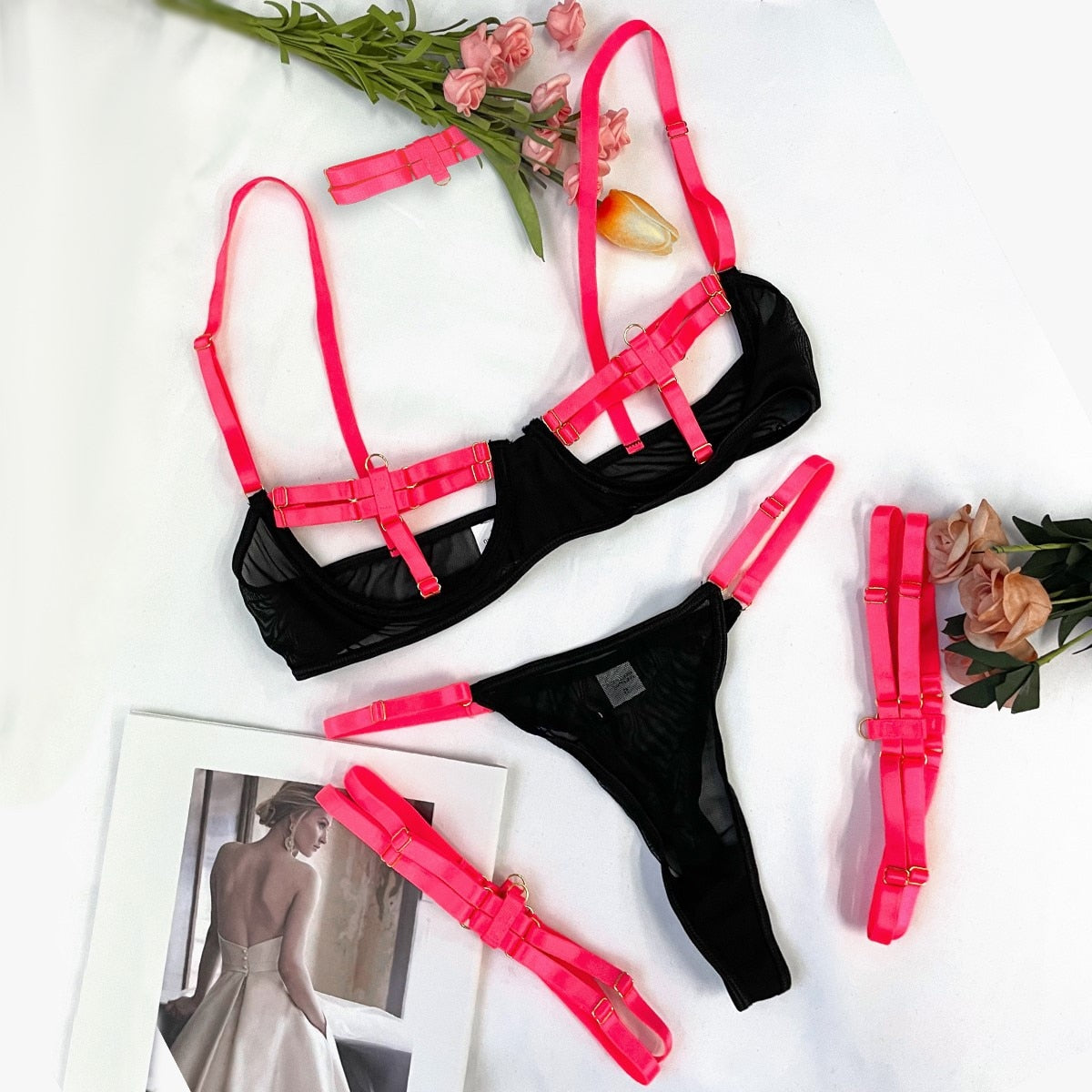 Ellolace Lingerie Sexy Hollow Out 4-Piece Exotic Costumes Sensual See Through Outfits For Woman Neon Green Porn Bottom Whore