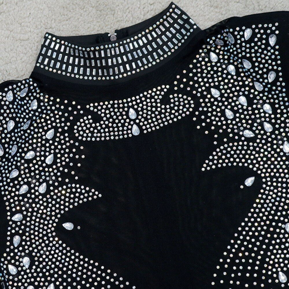 Women Sexy Romper Shining Embellished Rhinestones Luxury One Piece Jumpsuit Tassel Mesh See Through Transparent Night Club Party