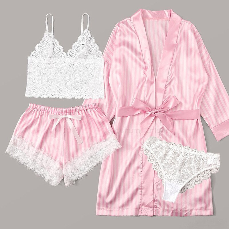 2022 New Robe Sets Pijamas Women Faux Silk Pajamas for Women Sexy Lace Hot V-neck Sleep wear Satin Summer Clothing Sets Homewear