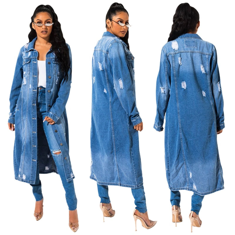 2021 New Arrive Fashion Sexy Hole Cotton Long Denim Jacket Trench Coat Cardigan Jeans Cape for Women Loose Long Sleeve Coat Ddlg