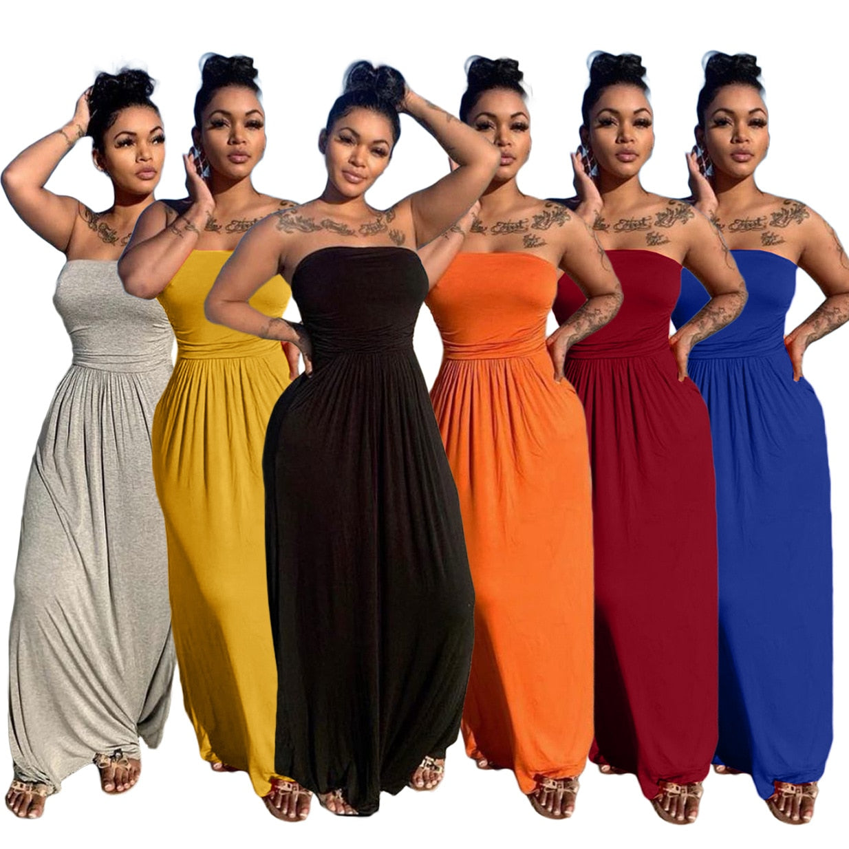 Women Casual Strapless High Waist Loose Hem Maxi Dress for Streetwear Beach Sexy Summer Floor Length Long Dresses