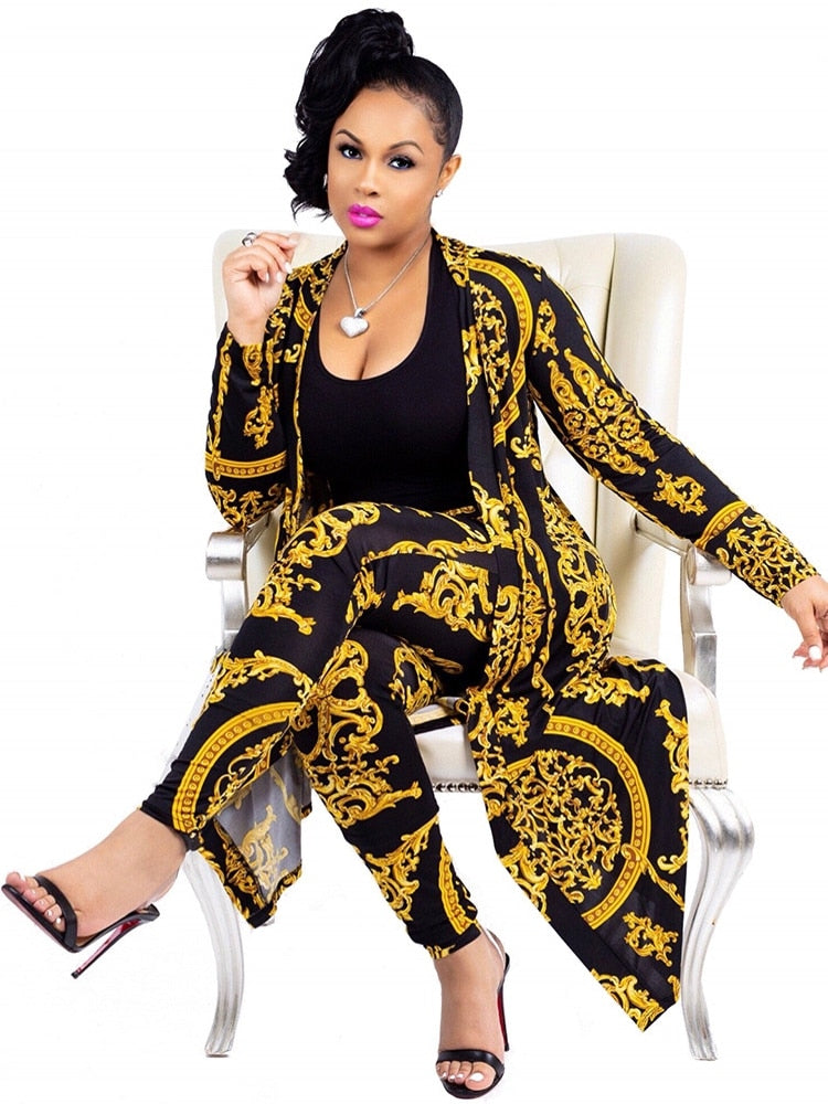 3XL Big Size 2 Pieces Set Sexy Autumn Fashion Women Set Female Tops Floral Print Long Sleeve Cardigan Bodycon Stripe Pants