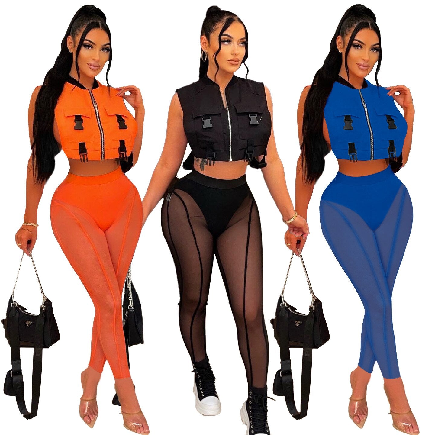Fitness Sporty Two Piece Sets Women Summer Tracksuit Solid Zips Jackets Tops Sheer Mesh Leggings Pants Outfit Party Club Suits