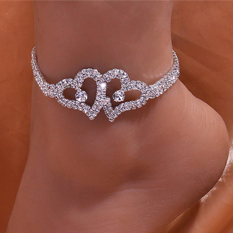 Huitan Heart Love Anklet Bracelet for Women Silver Color/Gold Color Luxury Ankle Accessories Fashion Barefoot Sandals Jewelry