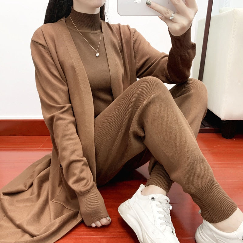 Women Sweater 3 Piece Set Tracksuit 2022 spring Autumn Long Cardigan Coat + Half Turtleneck Vest + Pants Knitted Suits Outfits