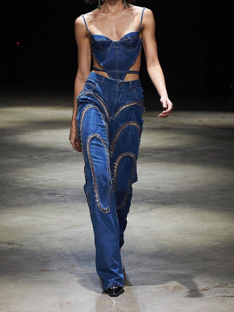Sweetown Backless Bandage Sexy Irregular Denim Crop Top Female Contrast Stitching Slim Corset Camisole Cool Cow Girl Streetwear