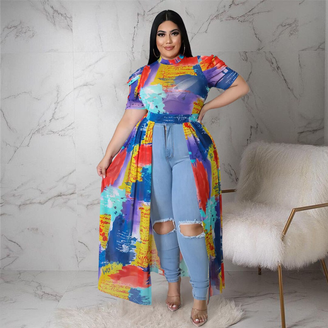 Plus Size Women Elegant Dress Printed Short Sleeve Shirt Summer Mesh Perspective Split Hollow Long Skirt Beach Vacation Clothing