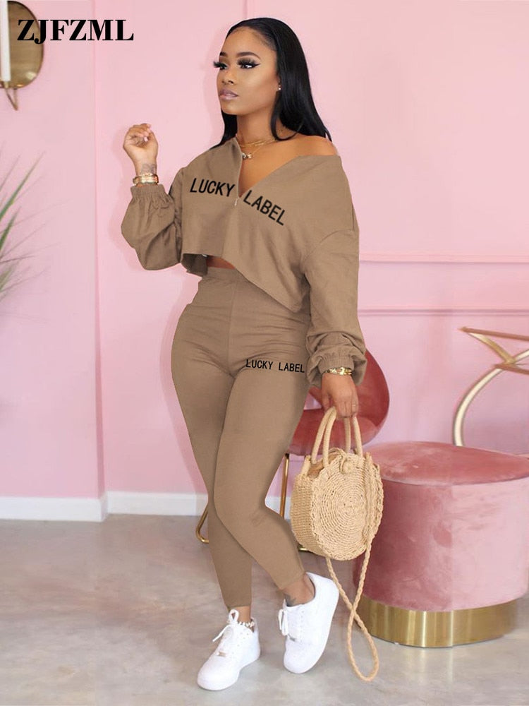 LUCKY LABEL Embroidery Long Sleeve Loose Crop Top and Skinny Pencil Legging Casual Sweatsuits 2 Piece Matching Set Co-ord Outfit