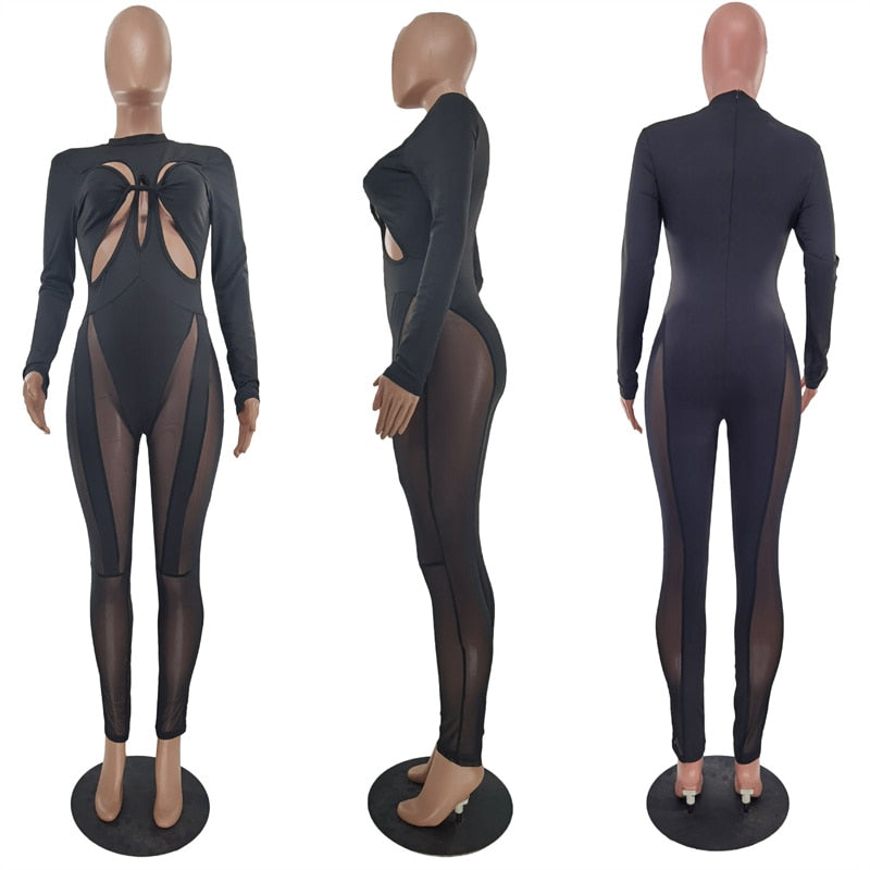 Sexy Sheer Mesh Patchwork Jumpsuits Women Party Night Hollow Out Long Sleeve Romper Elastic Cleavage Bodycon Birthday Outfits