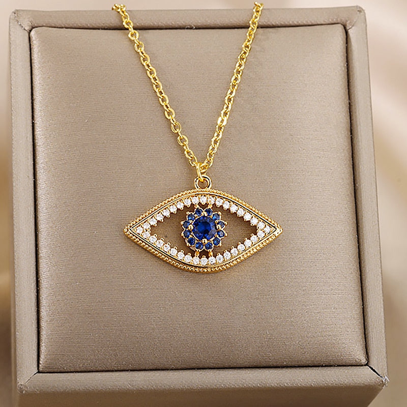 Turkish Evil Eye Pendant Necklace for Women Stainless Steel Gold Chain Necklaces 2022 Trend Choker Boho Lucky Aesthetic Jewerly