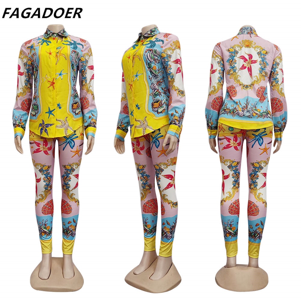 FAGADOER Women Starfish Pattern Print Two Piece Sets New Turndown Collar Button Shirt And Skinny Pants Outfit Fashion Streetwear