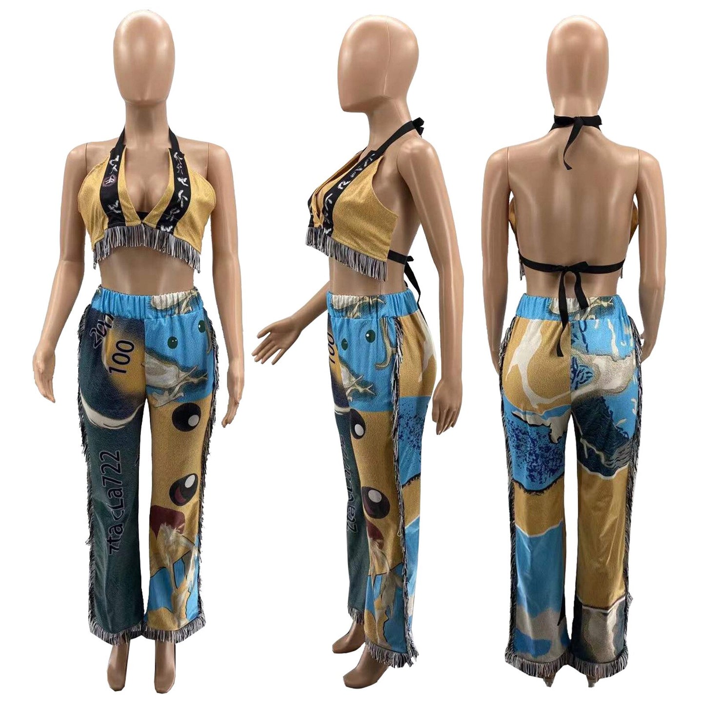 Print Tassel Beach Wear Two Piece Set Sexy V Neck Halter Lace Up Crop Top + Straight Pants Suits Club Party Tracksuit Women