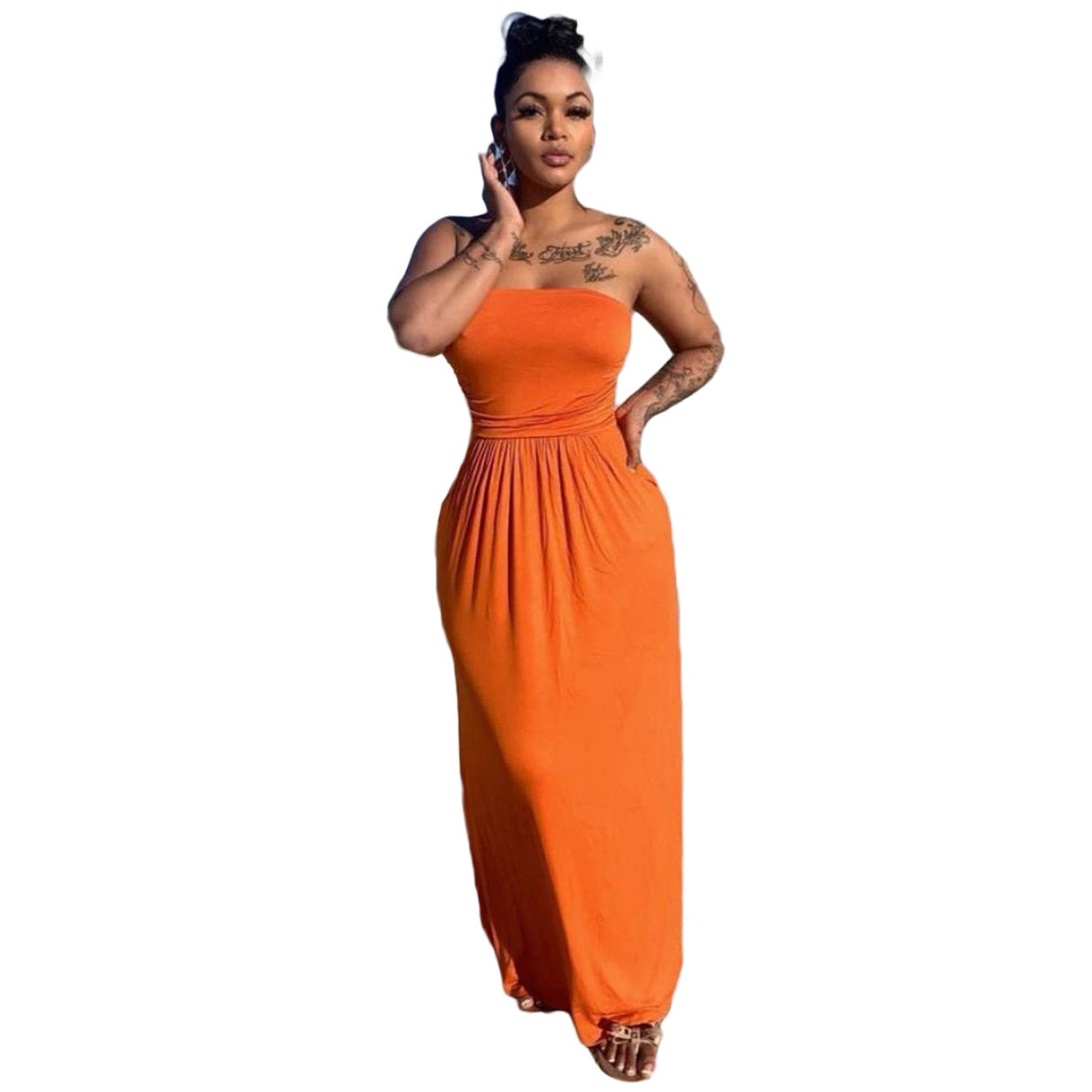 Women Casual Strapless High Waist Loose Hem Maxi Dress for Streetwear Beach Sexy Summer Floor Length Long Dresses