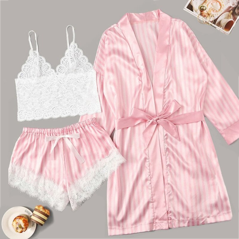 2022 New Robe Sets Pijamas Women Faux Silk Pajamas for Women Sexy Lace Hot V-neck Sleep wear Satin Summer Clothing Sets Homewear