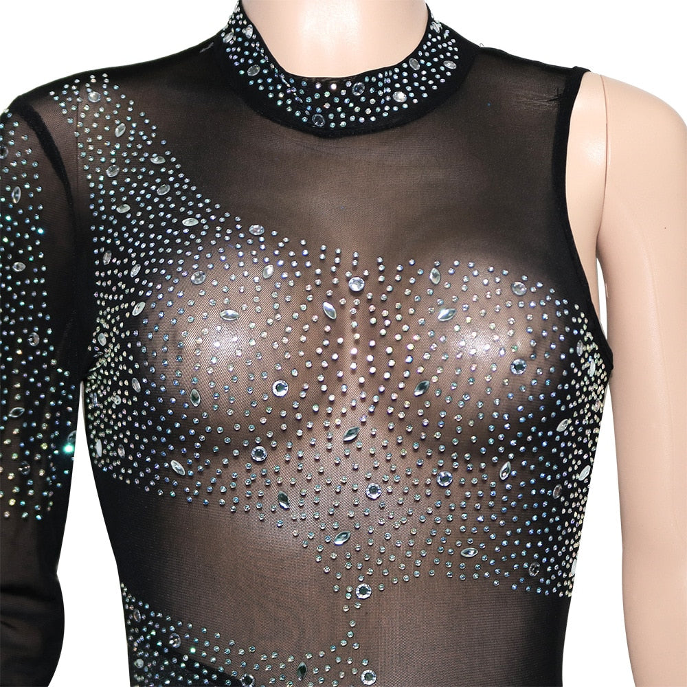 One Shoulder Sexy See Through Bodycon Outfits Perspective Summer Clothes Romper Rumper Jumpsuit Mesh Rhinestones Woman Bodysuits