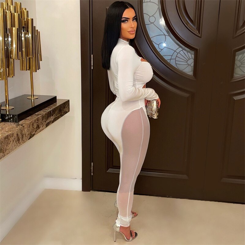 Sexy Sheer Mesh Patchwork Jumpsuits Women Party Night Hollow Out Long Sleeve Romper Elastic Cleavage Bodycon Birthday Outfits