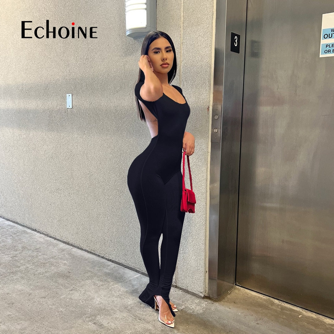Echoine 2022 Women New Solid Backless Slit Flared Long Pants  bodysuits Short Sleeve Jumpsuits Fasion Sexy Club Party overalls