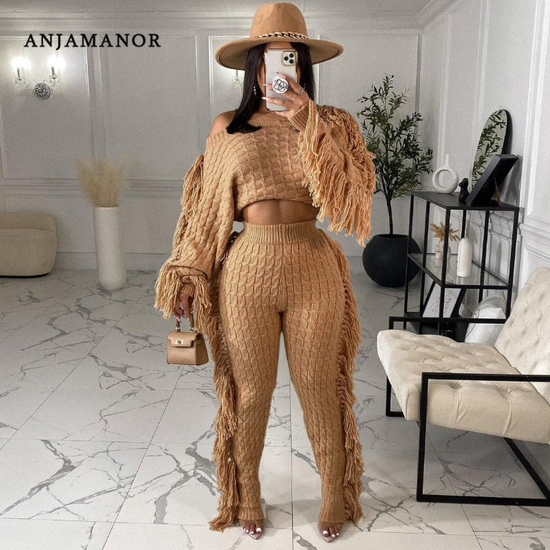 ANJAMANOR Tassel Knitted Sweater Sexy Two Piece Set Matching Pants Sets Fashion Winter Outfits for Women 2021 Wholesale D62-HZ95