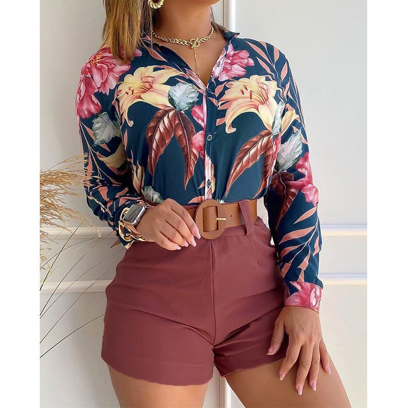 2022 Women's Suit Summer Tracksuit Shorts Sets Two Piece Sets Women Outifits Long Sleeve Sexy Print Blouses Women No Belt
