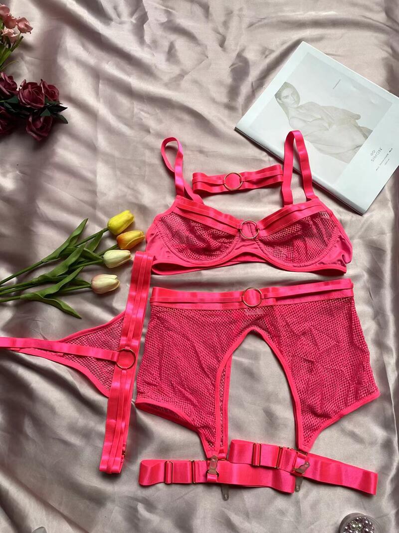 MIRABELLE Neon Orange Lingerie Sexy Mesh Erotic Costumes 4-Piece Exotic Set Underwear Bra and Panty Garters See Through Lingerie