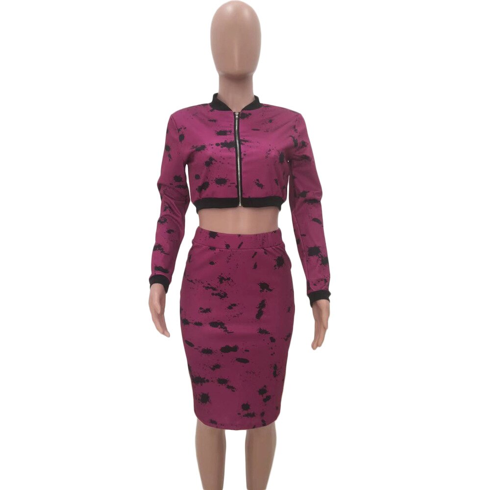 Women Crop Jacket and Midi Skirts Summer Outfit Camo Skirt 2 Peice Set Fashion Zipper V Neck Full Sleeve Crop Top Skirt Sets