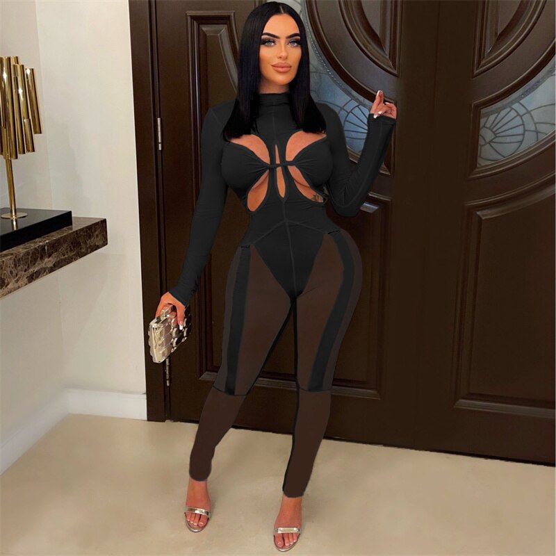 Sexy Sheer Mesh Patchwork Jumpsuits Women Party Night Hollow Out Long Sleeve Romper Elastic Cleavage Bodycon Birthday Outfits