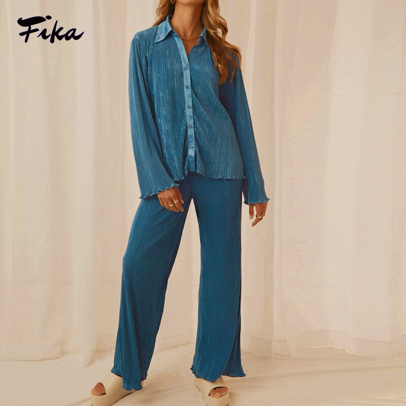 Women's Pleated Set Floral Elegant Casual Long Sleeve Blouses with High Waist Pants Set Female Loose Shirts Two Piece Pant Set