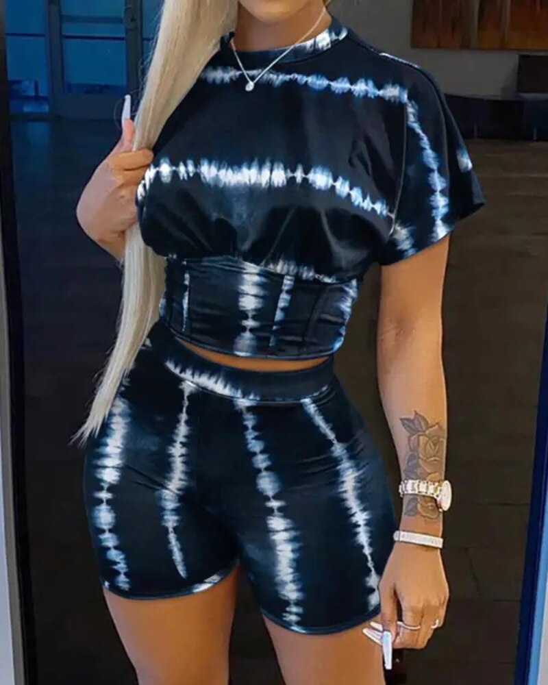 Summer Street Two Piece Set Women Streetwear Outfits Print Tshirt Biker Shorts sets Female Two Piece Suit Women Matching Sets